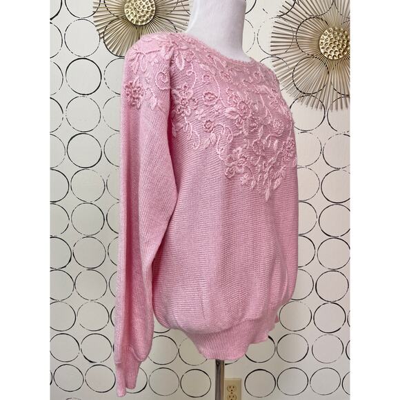 VTG Jaclyn Smith Womens Knit Sweater M Pastel Pink Beaded Coquette Floral Dainty - Picture 3 of 16